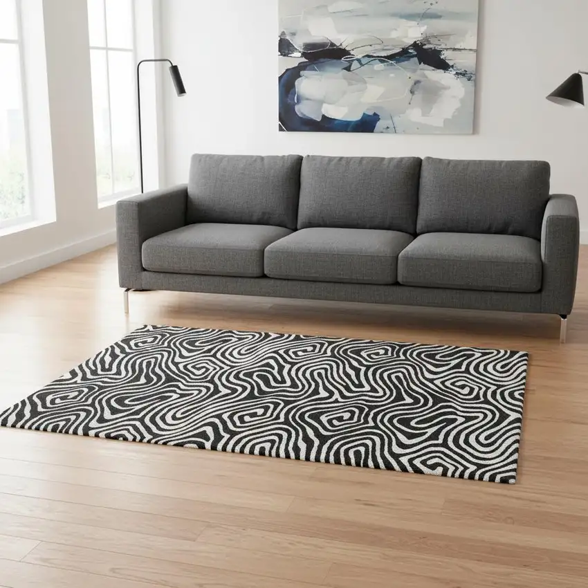 Black And Ivory Abstract Washable Area Rug With UV Protection Photo 2