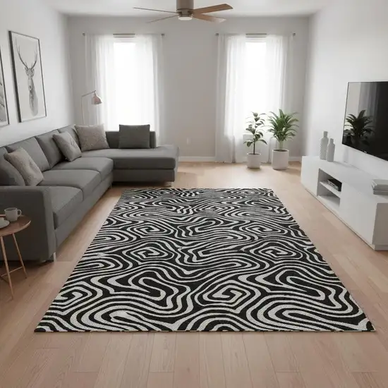 Black And Ivory Abstract Washable Area Rug With UV Protection Photo 2