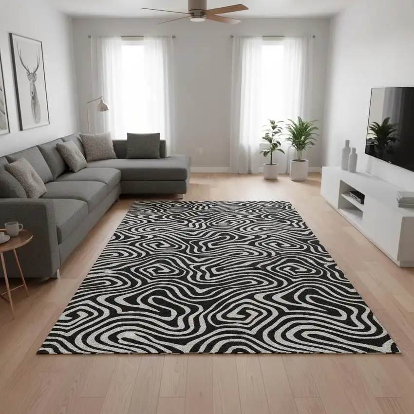 Black And Ivory Abstract Washable Area Rug With UV Protection Photo 2