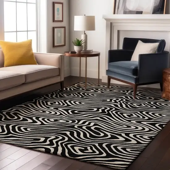 Black And Ivory Abstract Washable Area Rug With UV Protection Photo 4