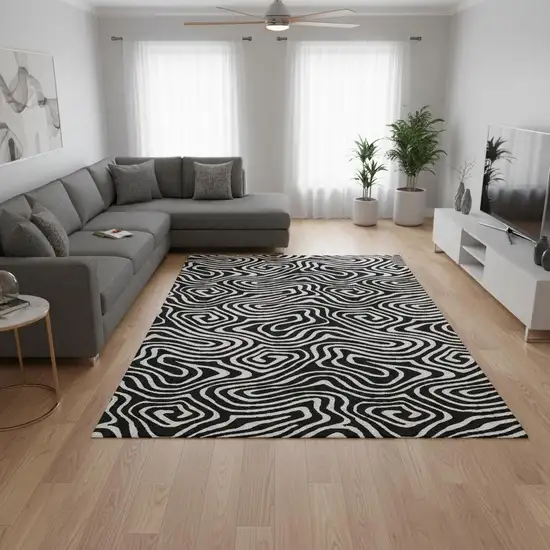Black And Ivory Abstract Washable Area Rug With UV Protection Photo 2