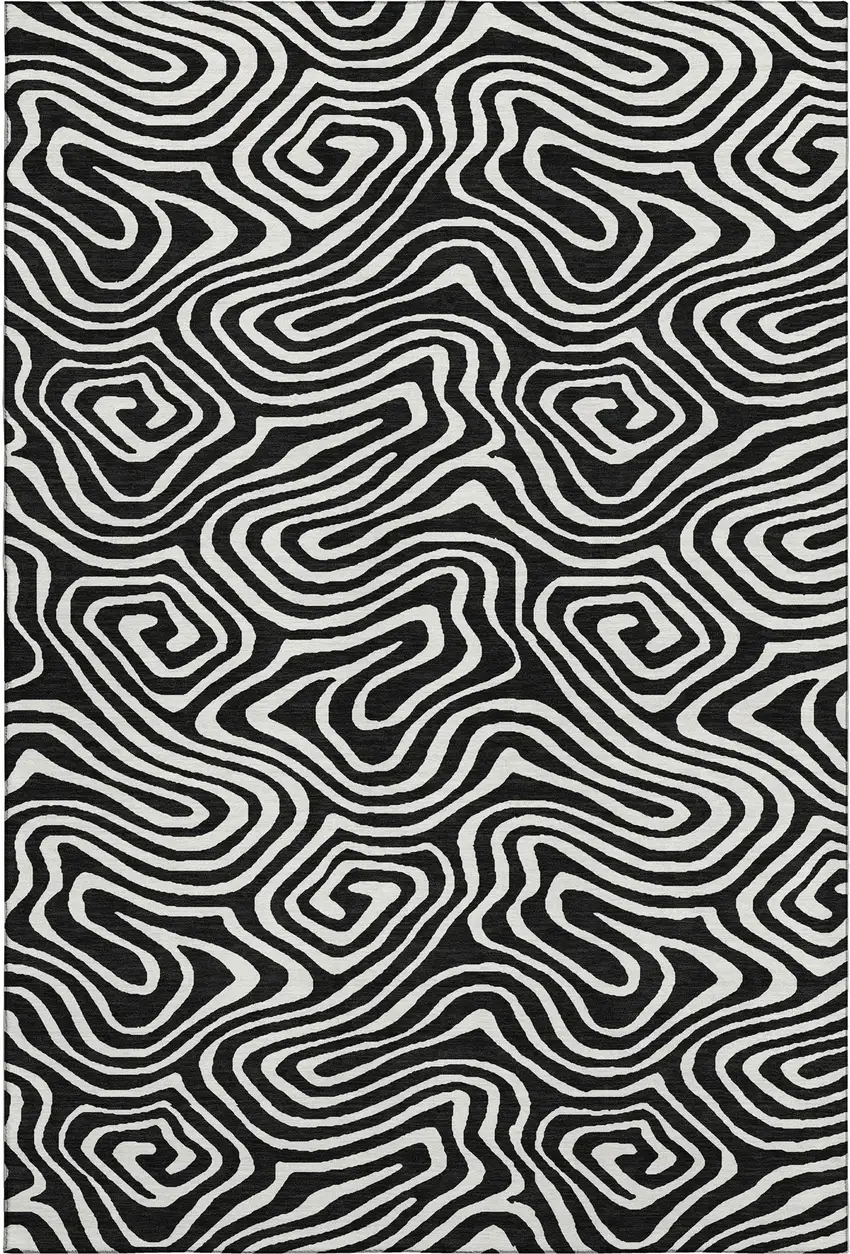 Black And Ivory Abstract Washable Area Rug With UV Protection Photo 1