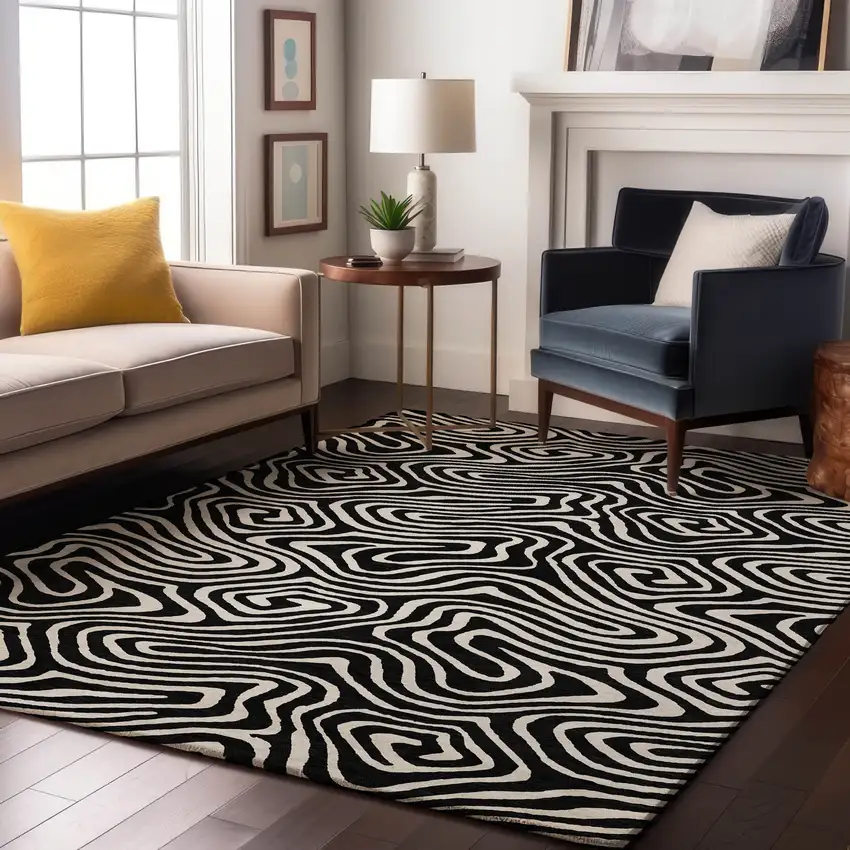 Black And Ivory Abstract Washable Area Rug With UV Protection Photo 4