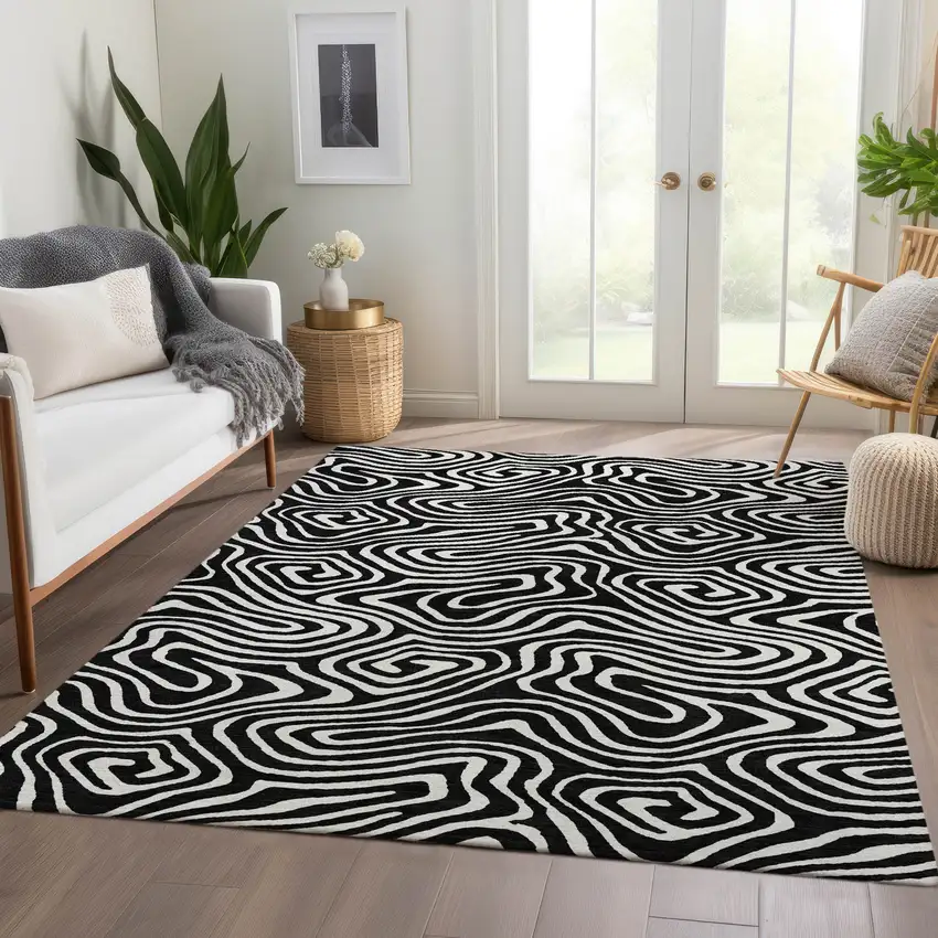 Black And Ivory Abstract Washable Area Rug With UV Protection Photo 5