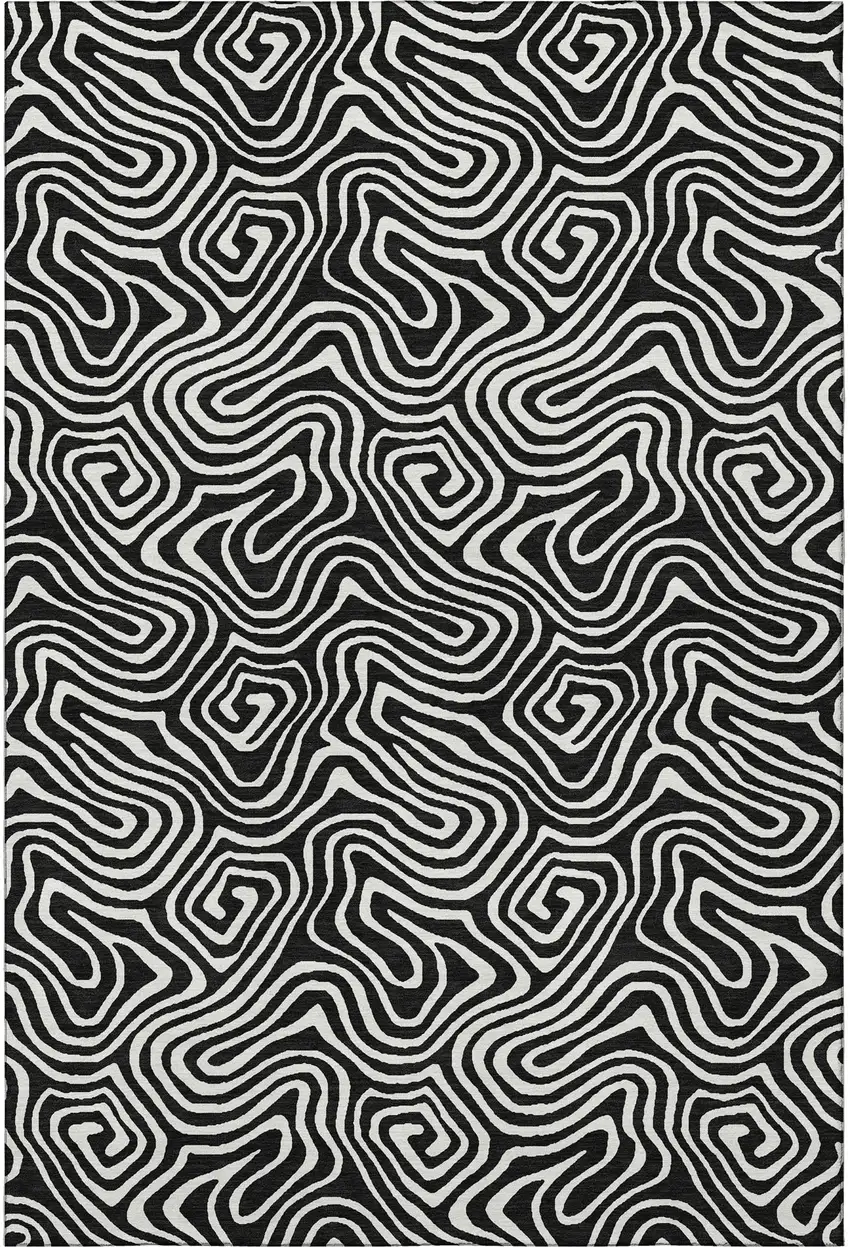 Black And Ivory Abstract Washable Area Rug With UV Protection Photo 2