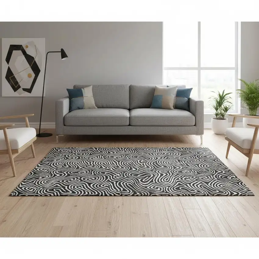 Black And Ivory Abstract Washable Area Rug With UV Protection Photo 2