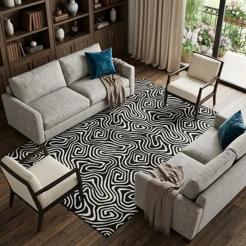 Black And Ivory Abstract Washable Area Rug With UV Protection Photo 1