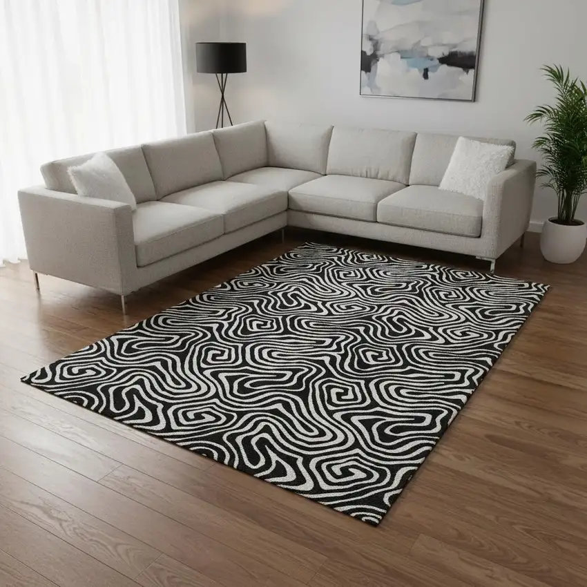 Black And Ivory Abstract Washable Area Rug With UV Protection Photo 2
