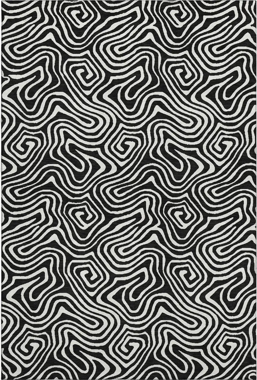 Black And Ivory Abstract Washable Area Rug With UV Protection Photo 1