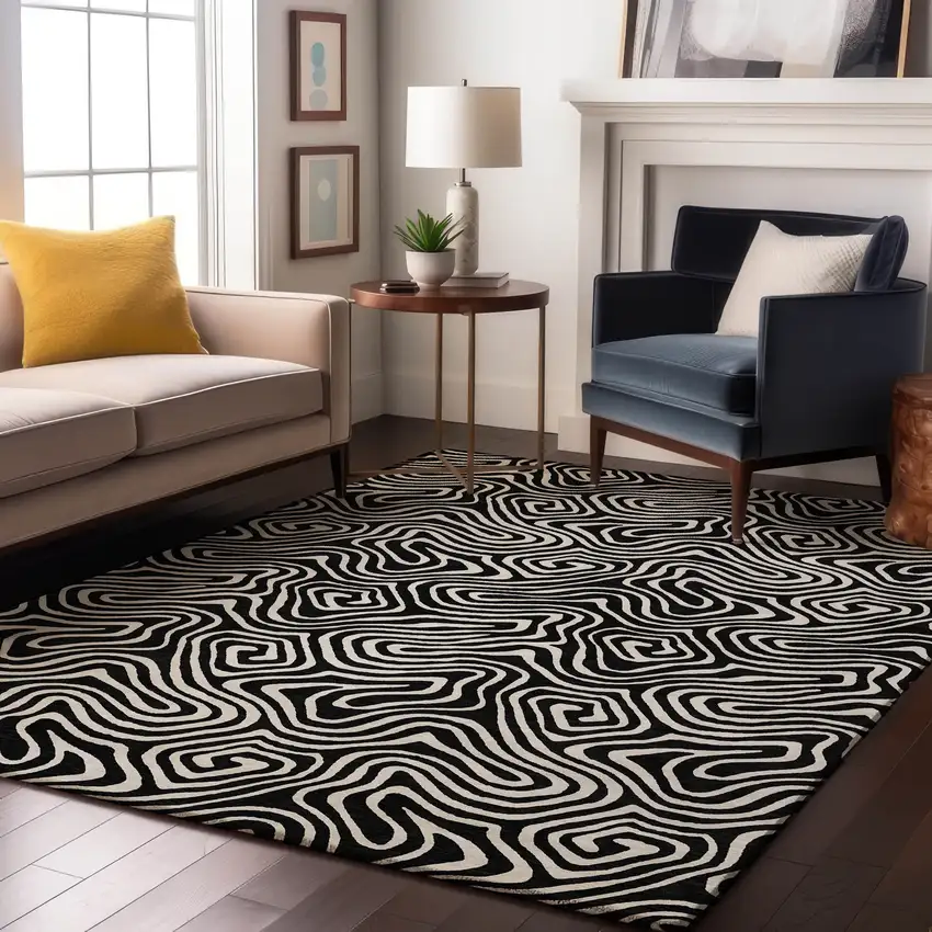 Black And Ivory Abstract Washable Area Rug With UV Protection Photo 4