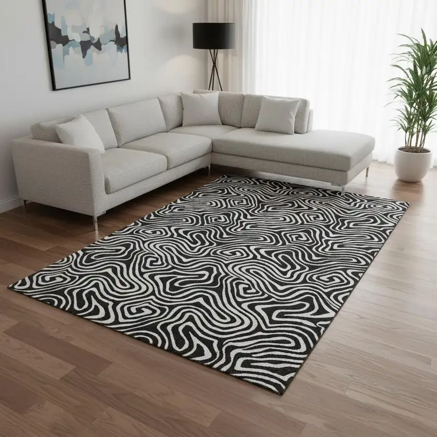 Black And Ivory Abstract Washable Area Rug With UV Protection Photo 2