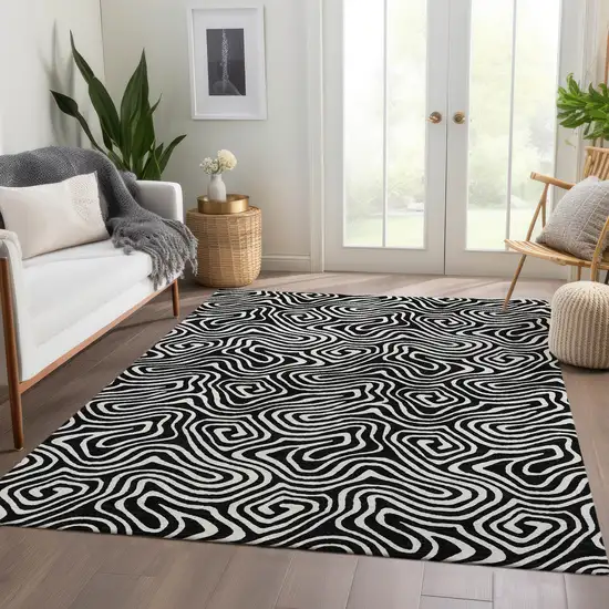 Black And Ivory Abstract Washable Area Rug With UV Protection Photo 5