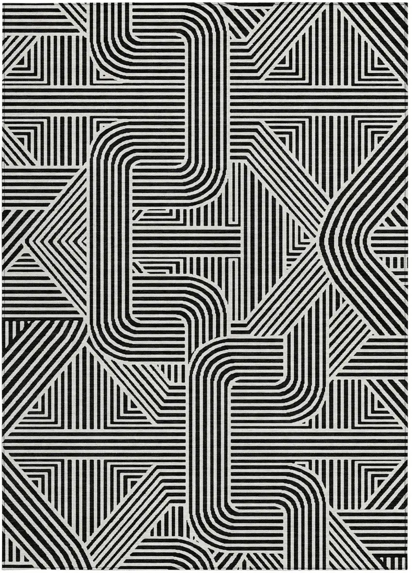 Black And Ivory Abstract Washable Indoor Outdoor Area Rug Photo 7