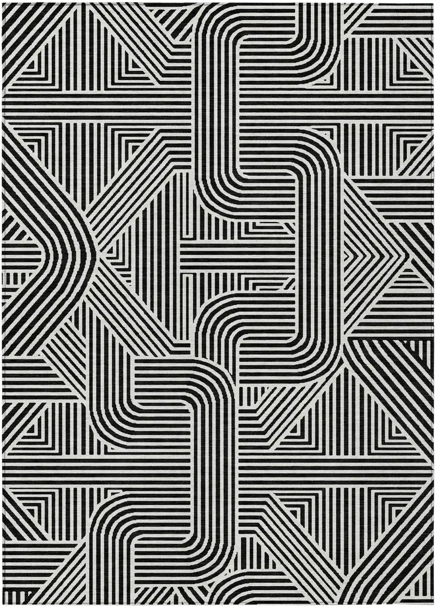 Black And Ivory Abstract Washable Indoor Outdoor Area Rug Photo 2