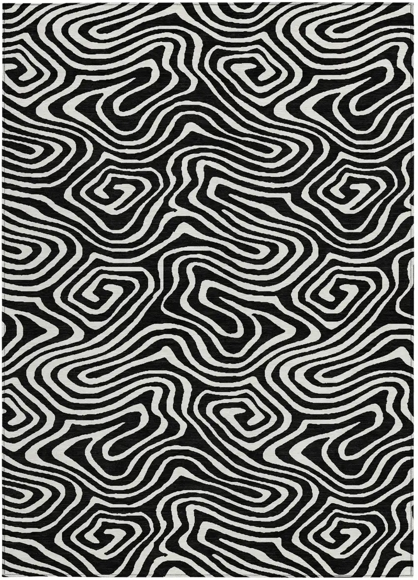 Black And Ivory Abstract Washable Indoor Outdoor Area Rug Photo 6