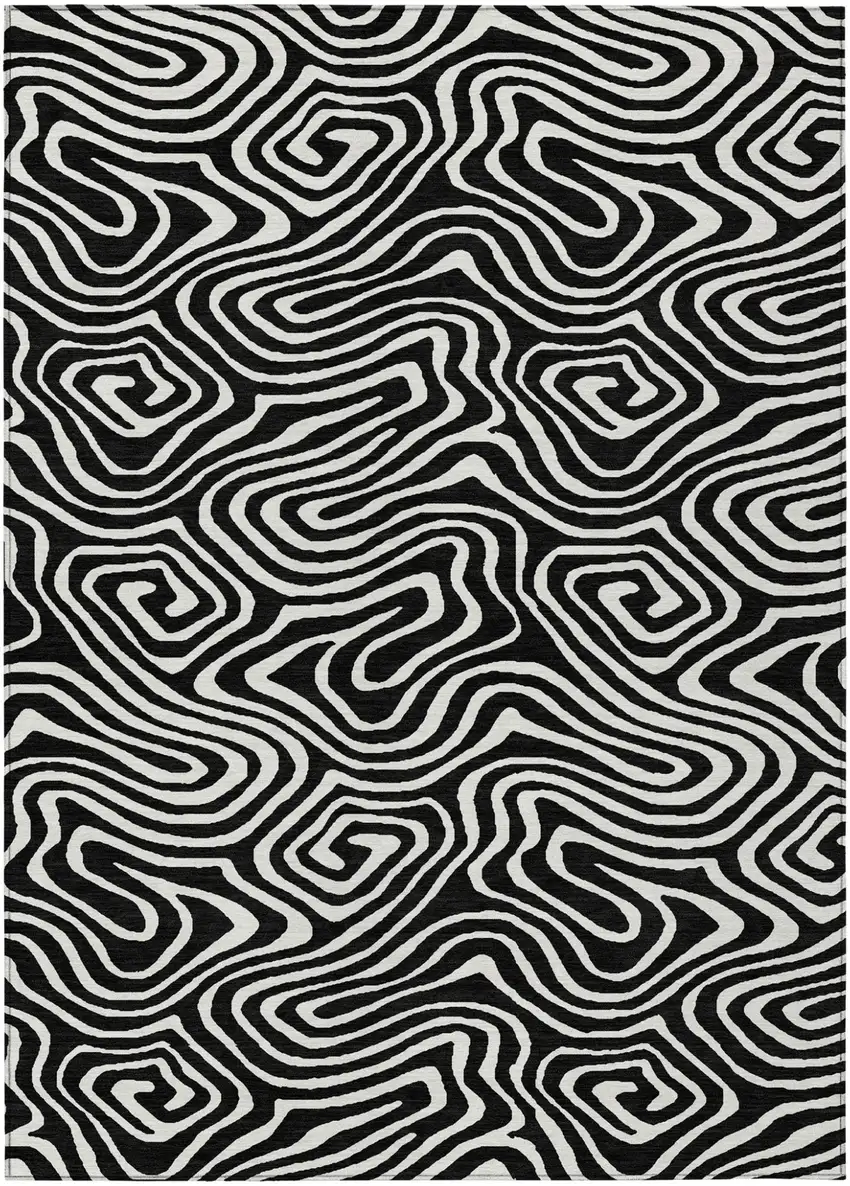 Black And Ivory Abstract Washable Indoor Outdoor Area Rug Photo 2