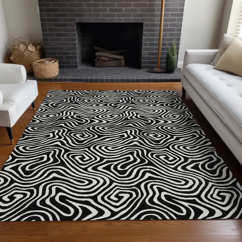 Black And Ivory Abstract Washable Indoor Outdoor Area Rug Photo 8