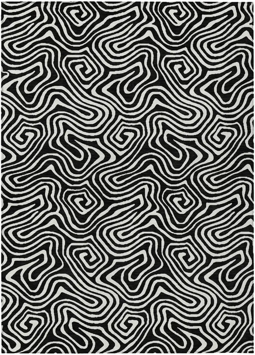 Black And Ivory Abstract Washable Indoor Outdoor Area Rug Photo 2