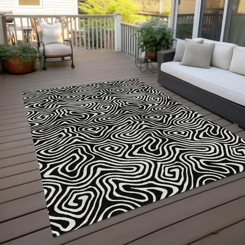 Black And Ivory Abstract Washable Indoor Outdoor Area Rug Photo 8