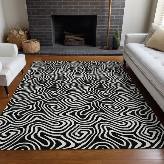 Black And Ivory Abstract Washable Indoor Outdoor Area Rug Photo 9