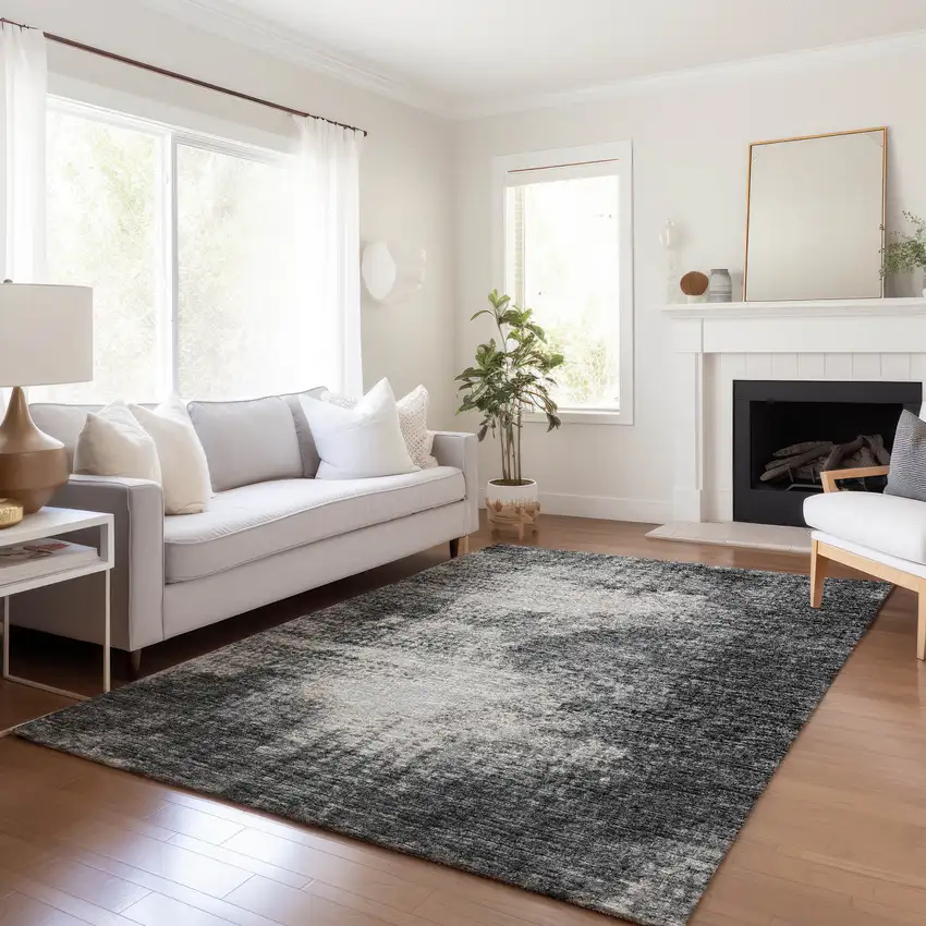 Black And Ivory Abstract Washable Indoor Outdoor Area Rug Photo 6