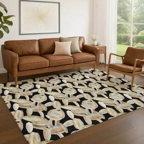Black And Ivory Abstract Washable Indoor Outdoor Area Rug Photo 4