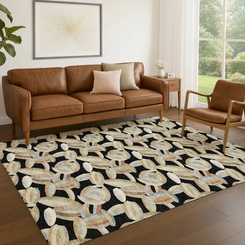 Black And Ivory Abstract Washable Indoor Outdoor Area Rug Photo 4