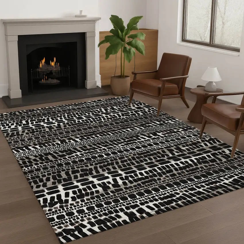 Black And Ivory Abstract Washable Indoor Outdoor Area Rug Photo 6