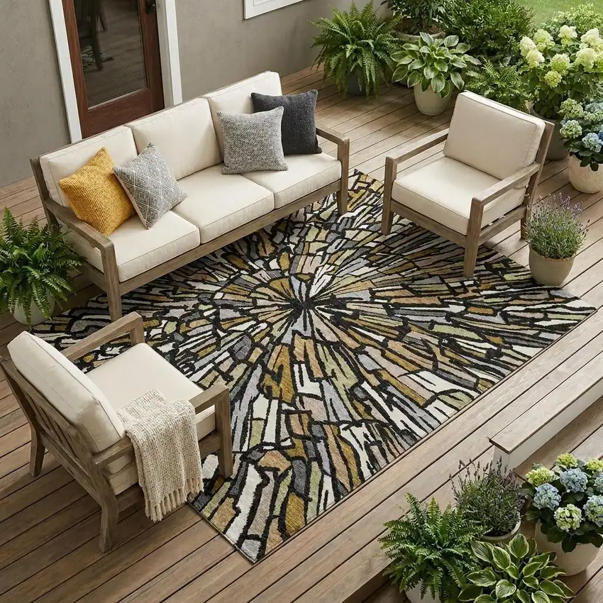 Black And Ivory Abstract Washable Indoor Outdoor Area Rug Photo 1