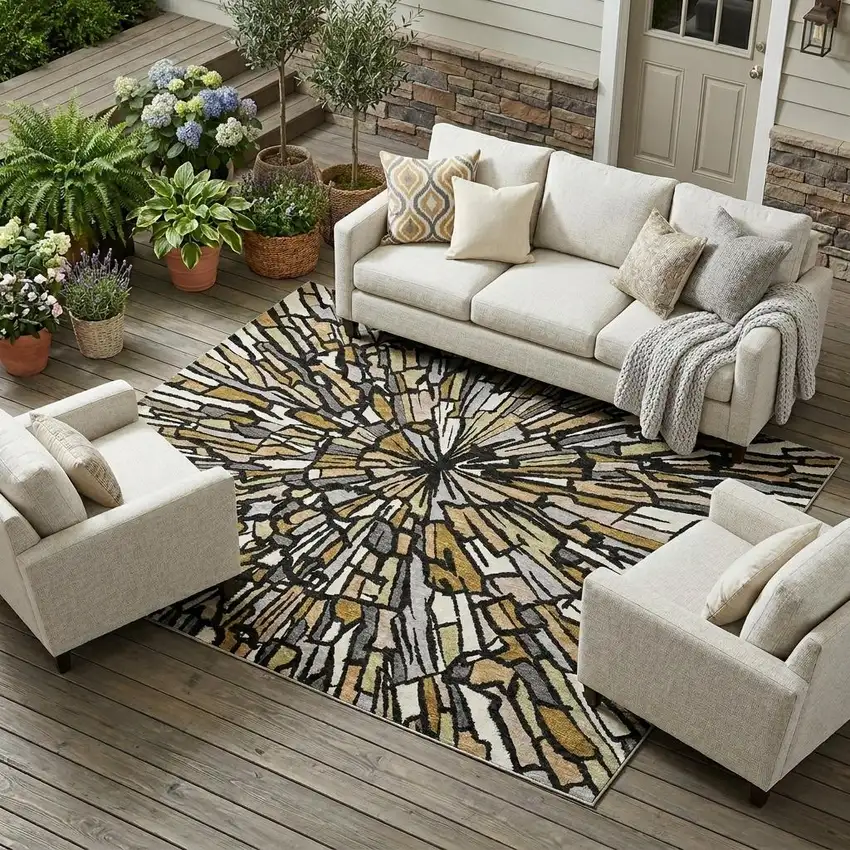 Black And Ivory Abstract Washable Indoor Outdoor Area Rug Photo 1