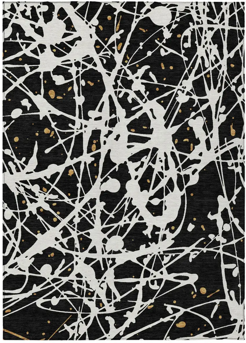 Black And Ivory Abstract Washable Indoor Outdoor Area Rug Photo 1