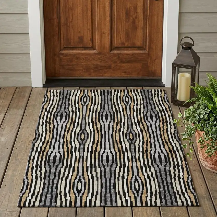 Black And Ivory Abstract Washable Indoor Outdoor Area Rug Photo 1
