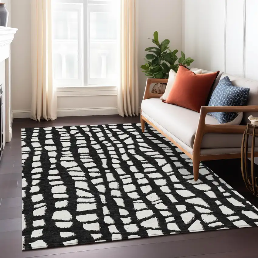 Black And Ivory Abstract Washable Indoor Outdoor Area Rug Photo 8