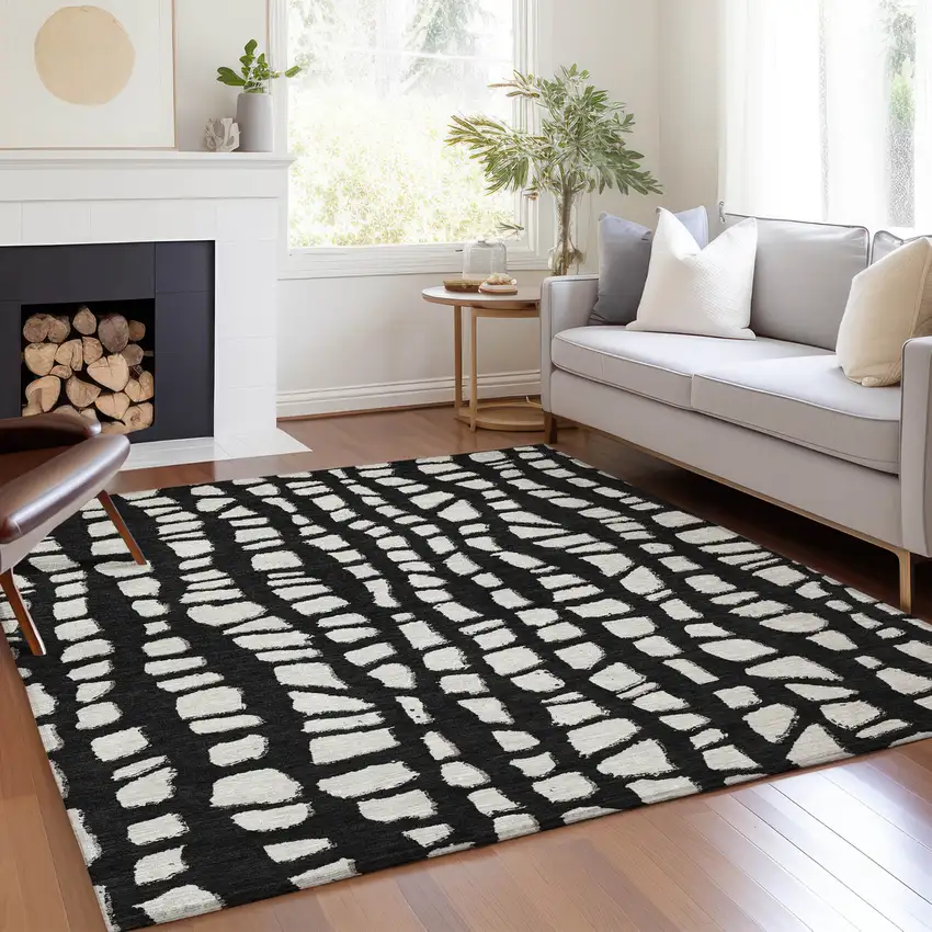 Black And Ivory Abstract Washable Indoor Outdoor Area Rug Photo 7
