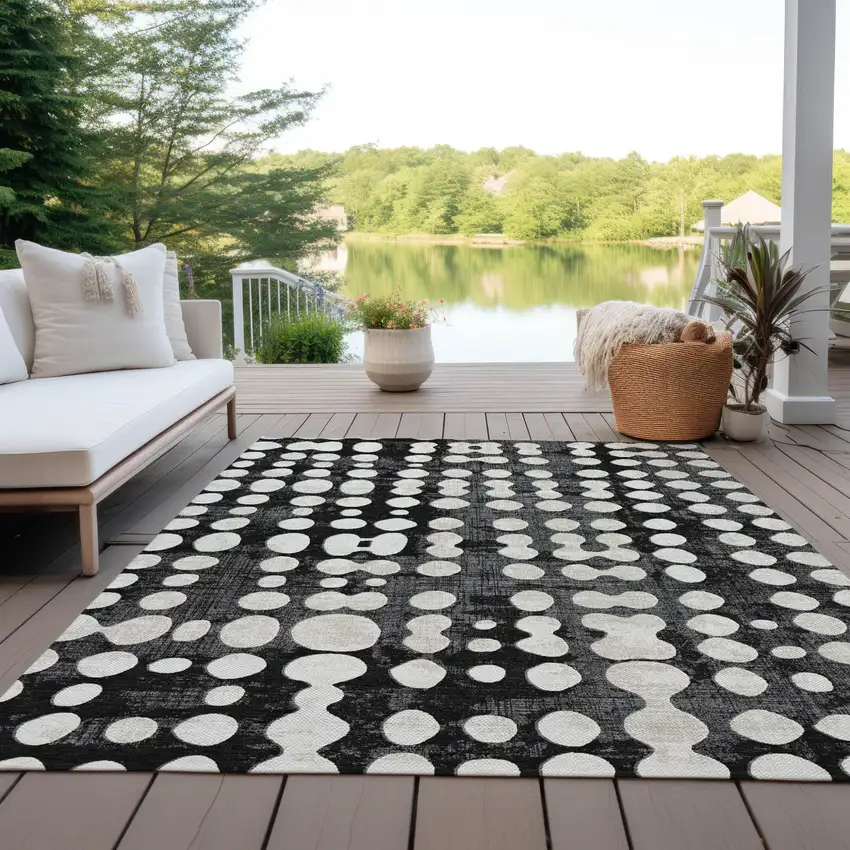 Black And Ivory Abstract Washable Indoor Outdoor Area Rug Photo 9
