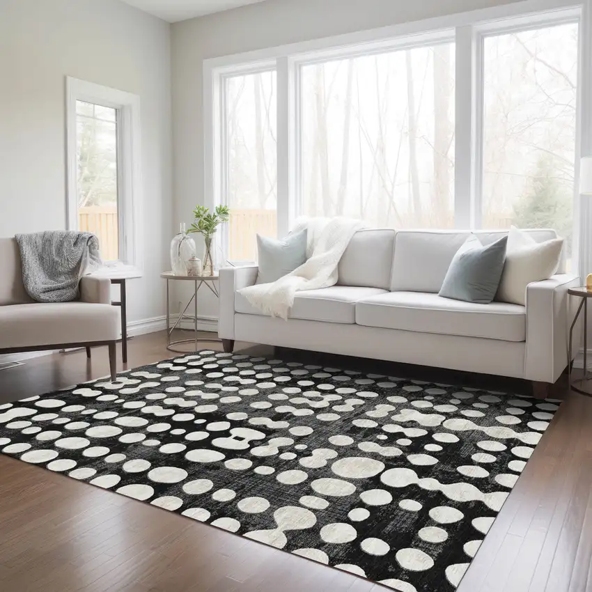 Black And Ivory Abstract Washable Indoor Outdoor Area Rug Photo 9