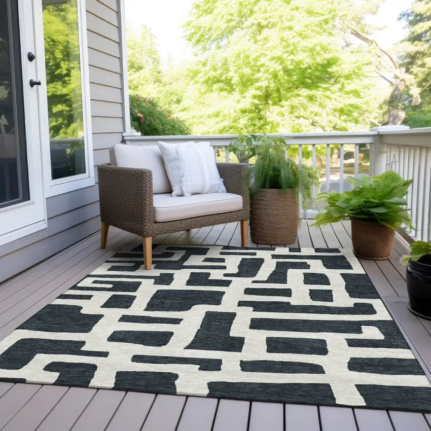 Black And Ivory Abstract Washable Indoor Outdoor Area Rug Photo 8