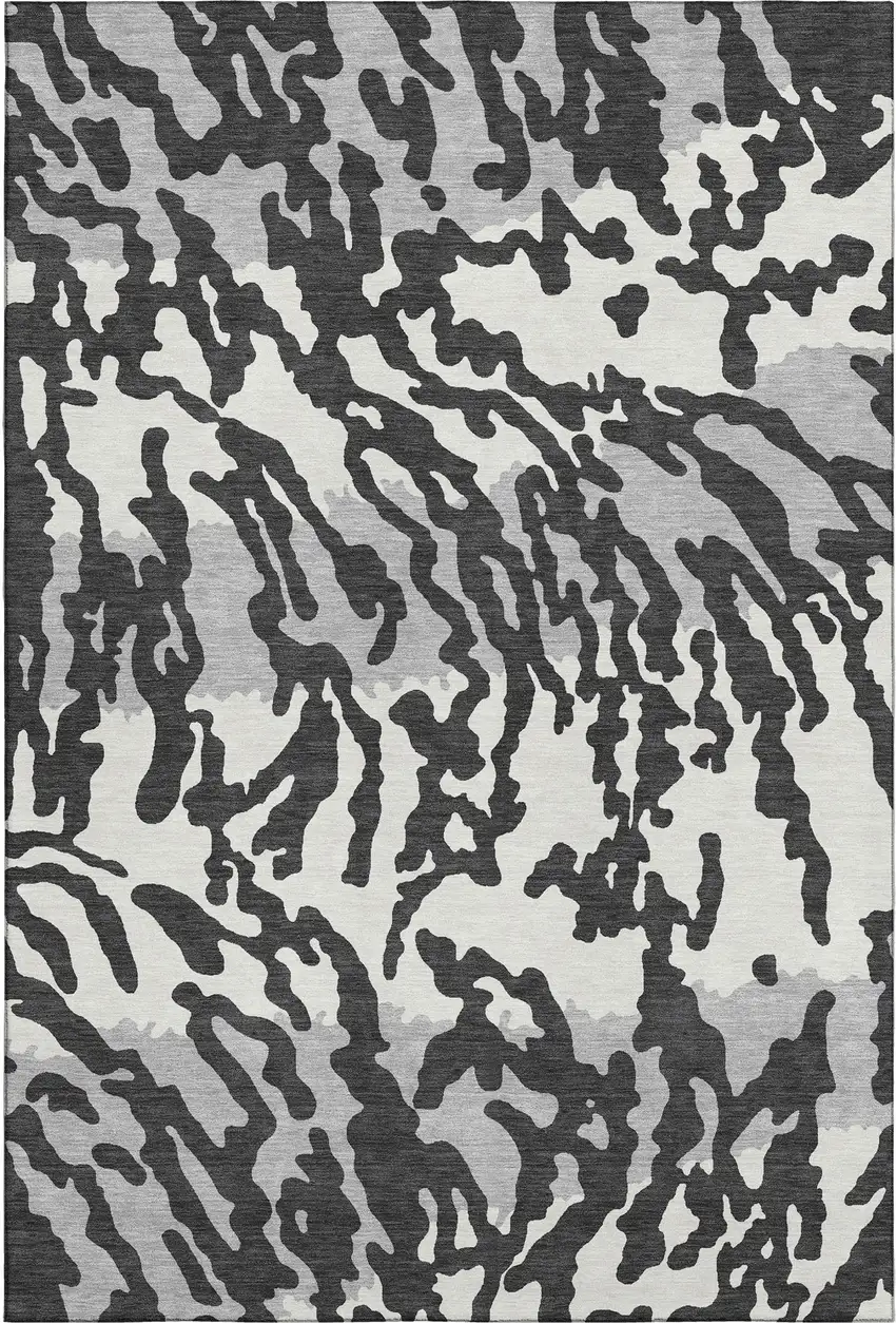 Black And Ivory Animal Print Washable Area Rug With UV Protection Photo 1