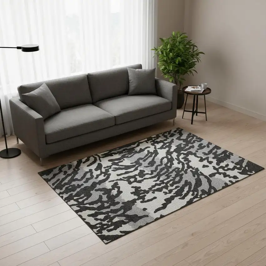 Black And Ivory Animal Print Washable Area Rug With UV Protection Photo 2