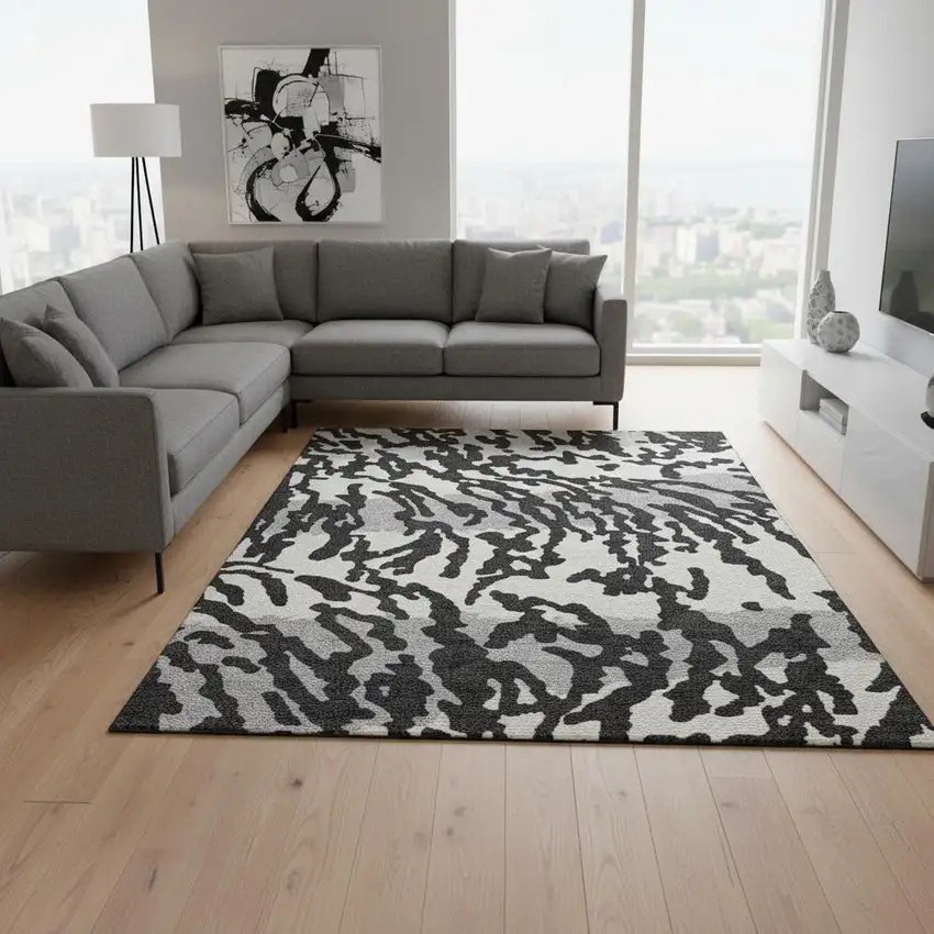Black And Ivory Animal Print Washable Area Rug With UV Protection Photo 2