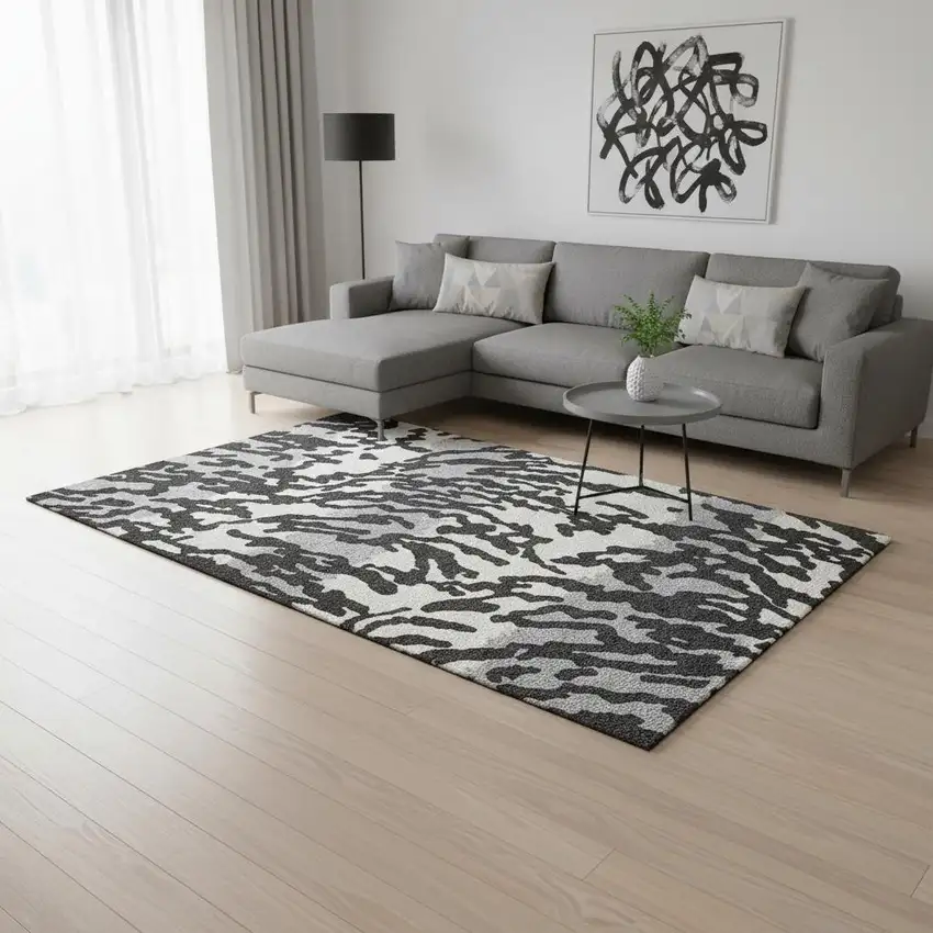 Black And Ivory Animal Print Washable Area Rug With UV Protection Photo 2