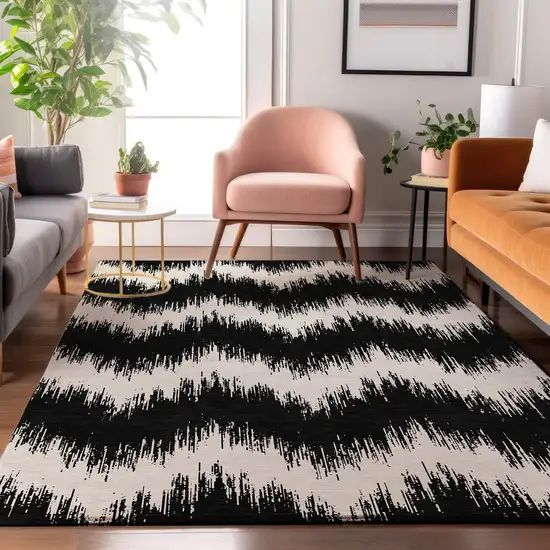 Black And Ivory Chevron Washable Area Rug With UV Protection Photo 5