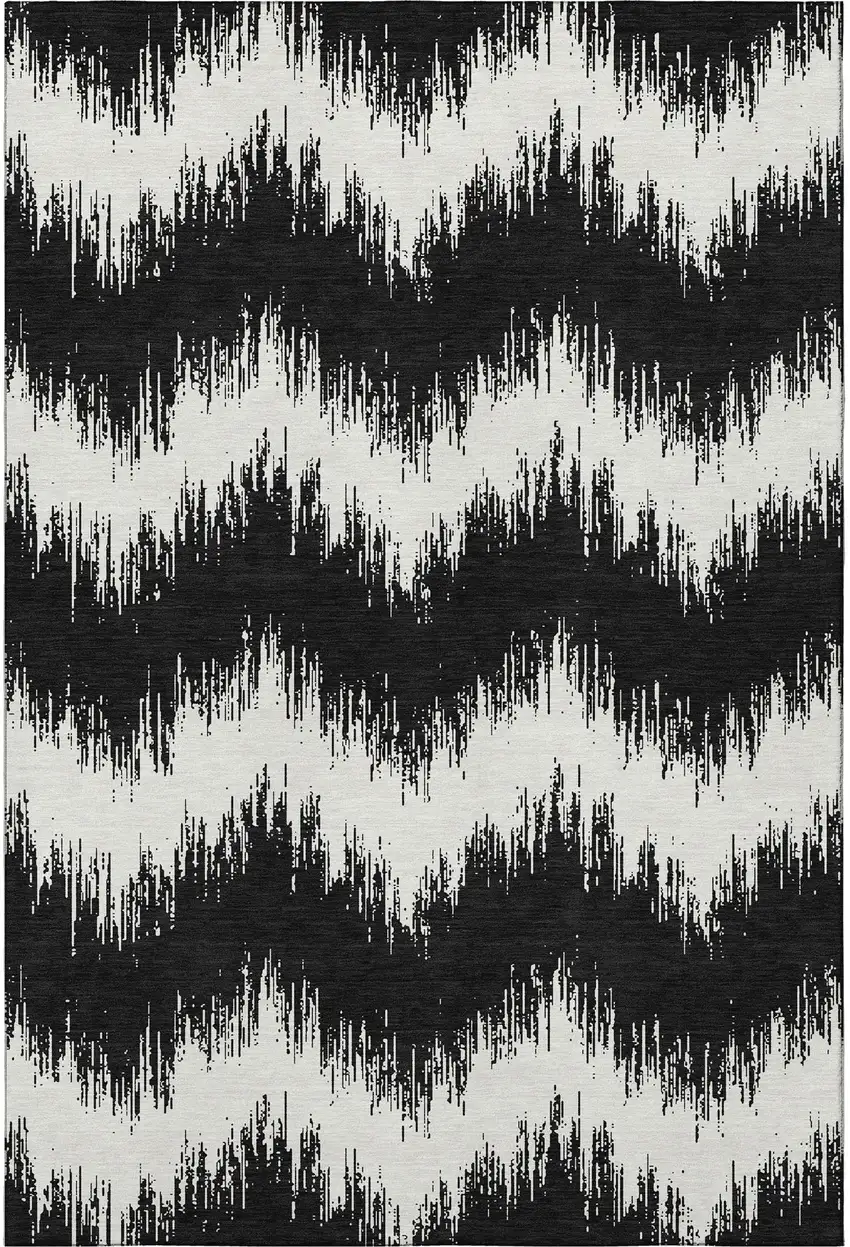 Black And Ivory Chevron Washable Area Rug With UV Protection Photo 5