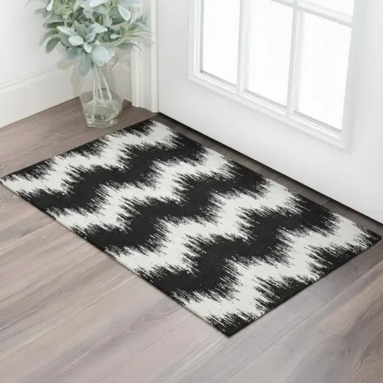 Black And Ivory Chevron Washable Area Rug With UV Protection Photo 1