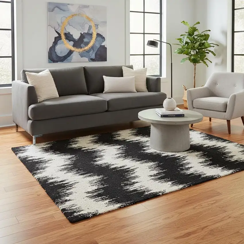 Black And Ivory Chevron Washable Area Rug With UV Protection Photo 2