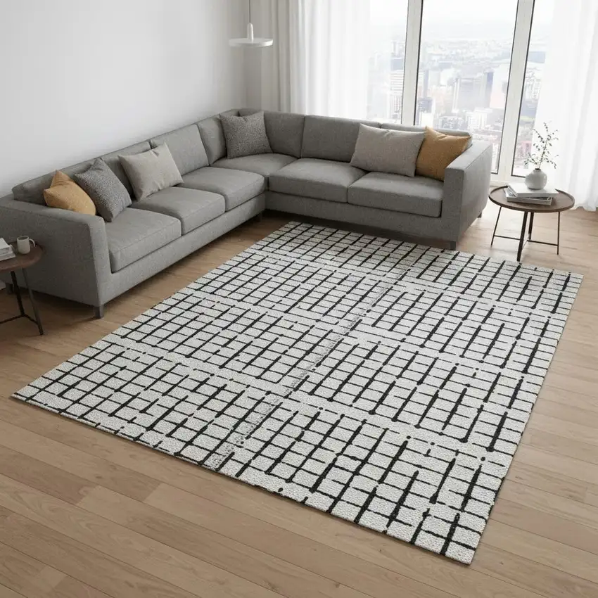 Black And Ivory Chevron Washable Area Rug With UV Protection Photo 2