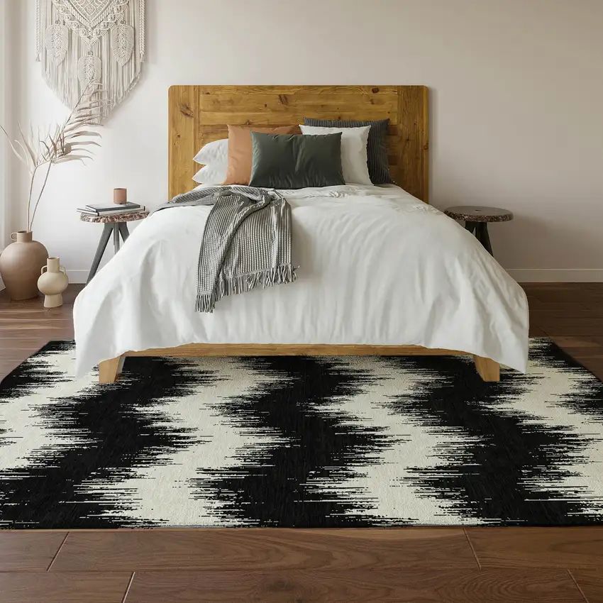 Black And Ivory Chevron Washable Area Rug With UV Protection Photo 6