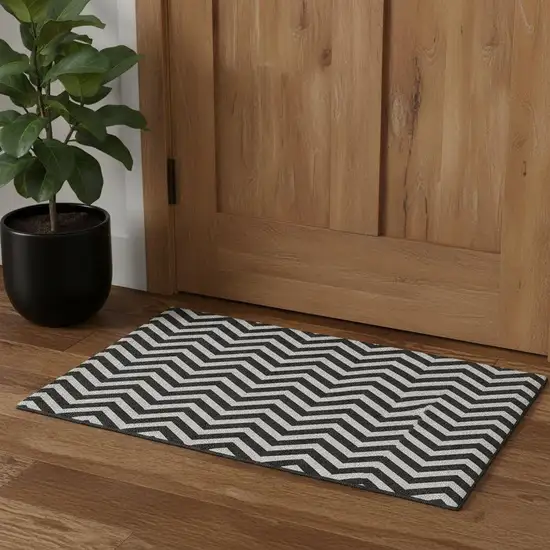 Black And Ivory Chevron Washable Area Rug With UV Protection Photo 1