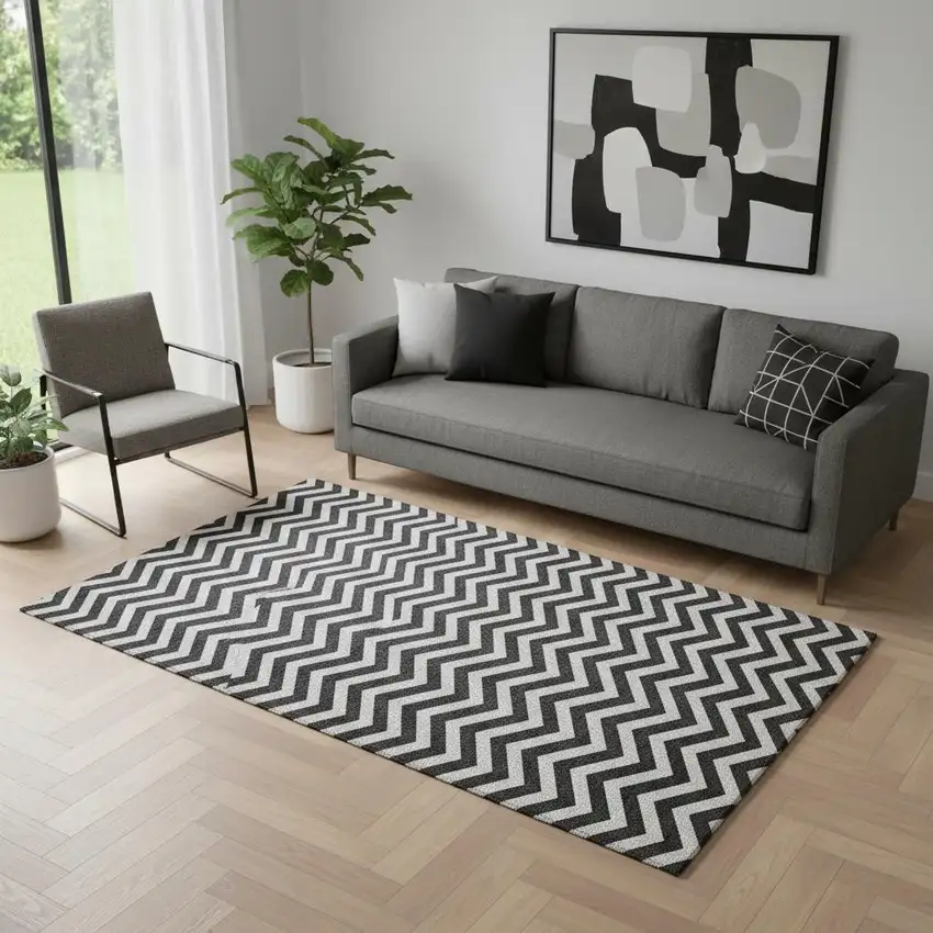 Black And Ivory Chevron Washable Area Rug With UV Protection Photo 1
