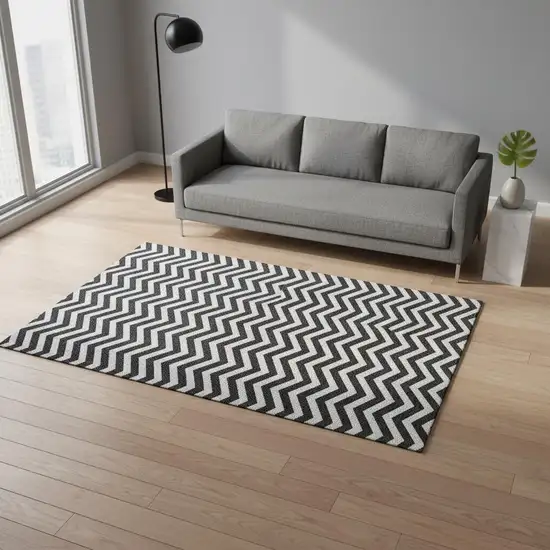 Black And Ivory Chevron Washable Area Rug With UV Protection Photo 2